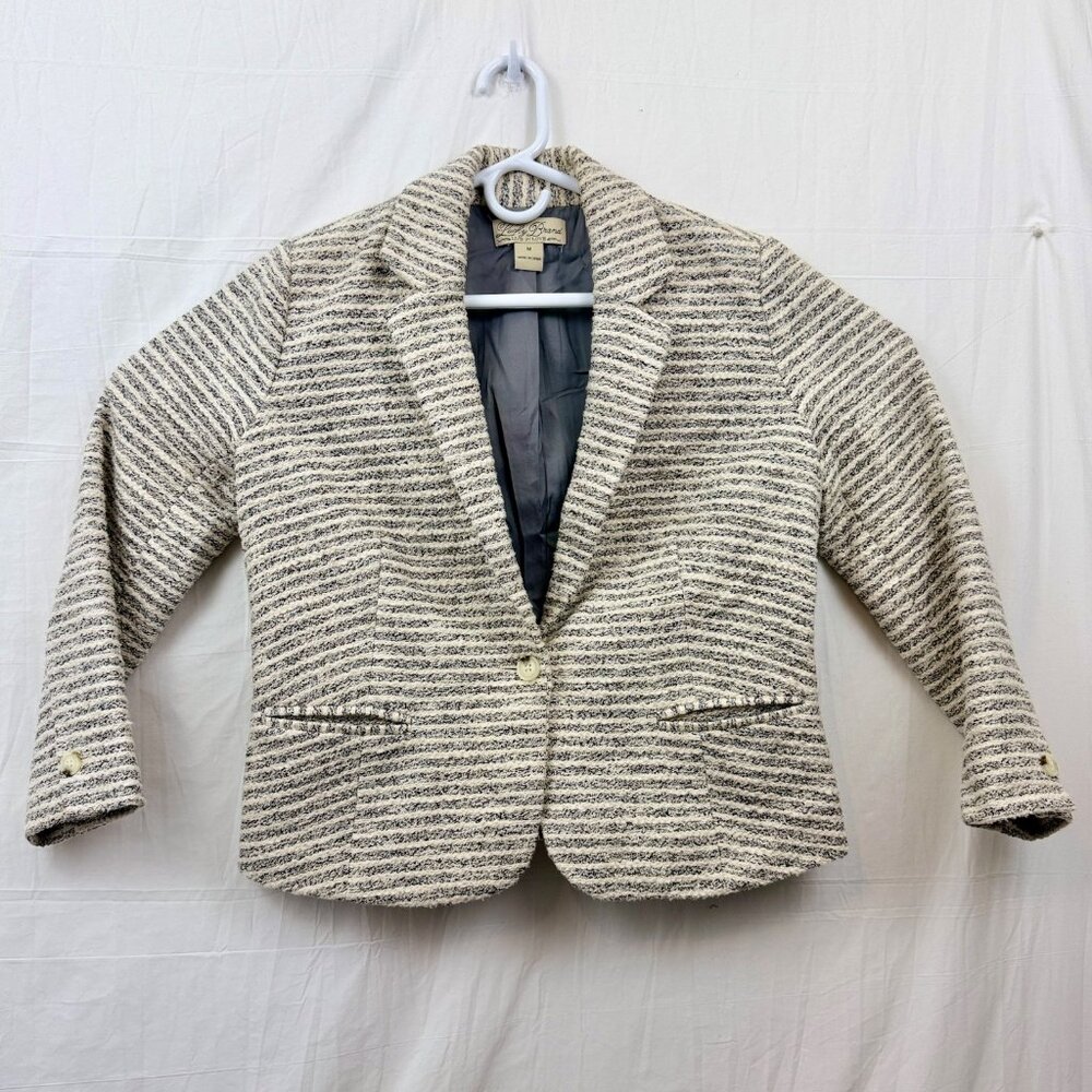Lucky Brand One Button Shimmery Blazer Women M White Gray Striped